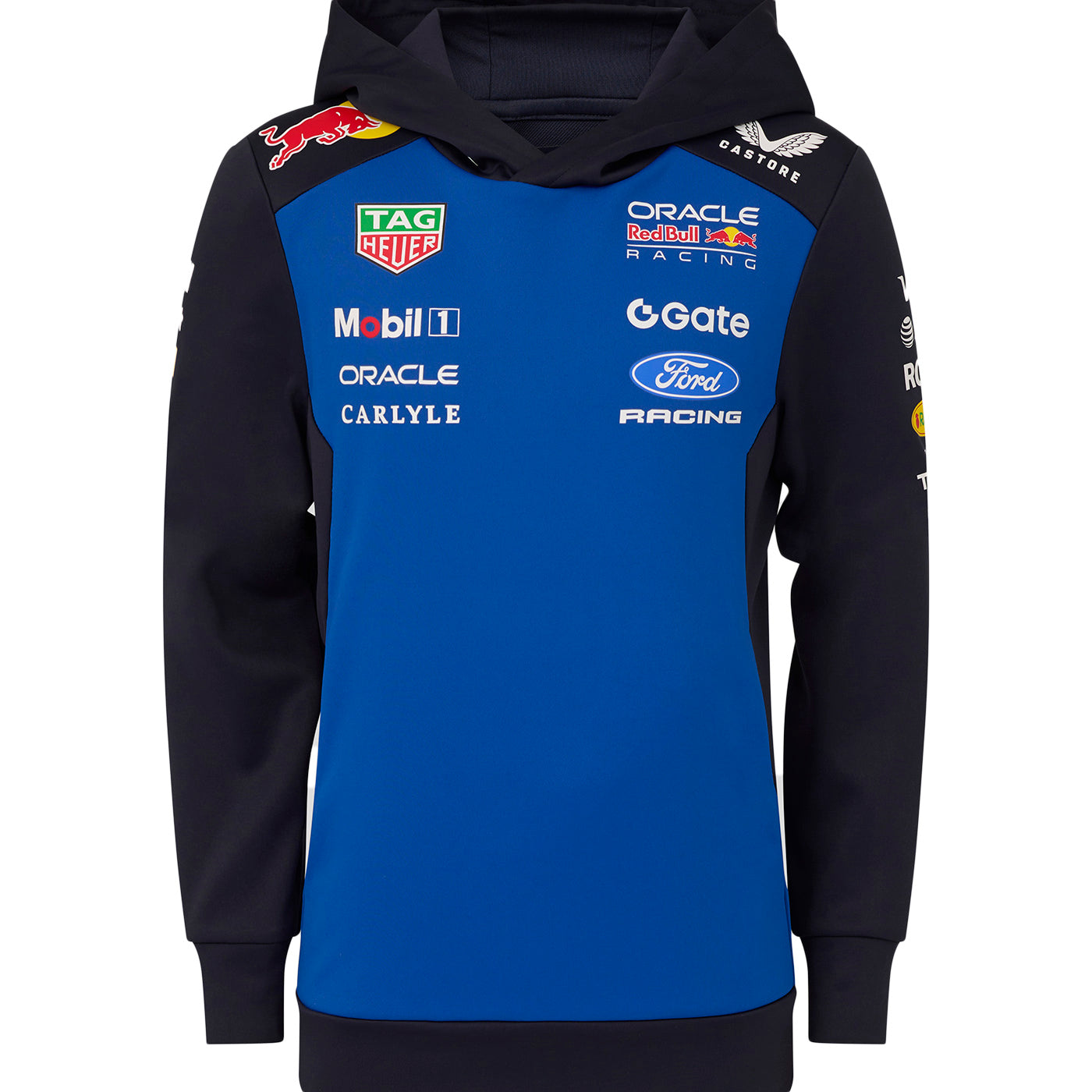 Blue and black hoodie with various Ford racing and redbull racing brand logos on a white background